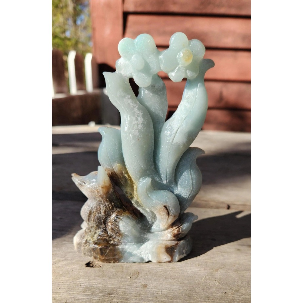 Caribbean Calcite Nine Tail Fox with Flowers, Mythical Fox Carving